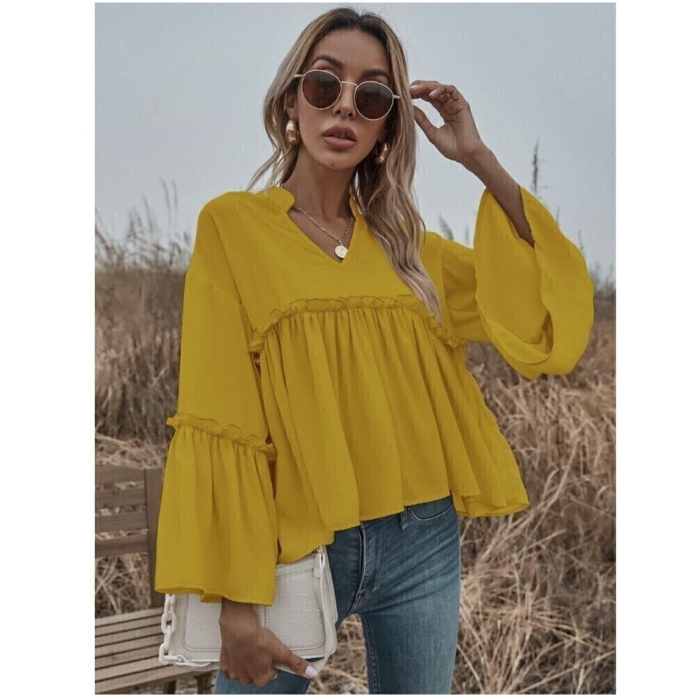 Shein Yellow Notch Neck Frill Trim Flounce Bell Sleeve Peplum Babydoll Blouse Sm